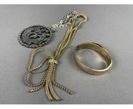 VICTORIAN BUCKLE BANGLE,set with seed pearls, along with a Jorgen Jensen pendant and a Christian Dior giltmetal chain (3)