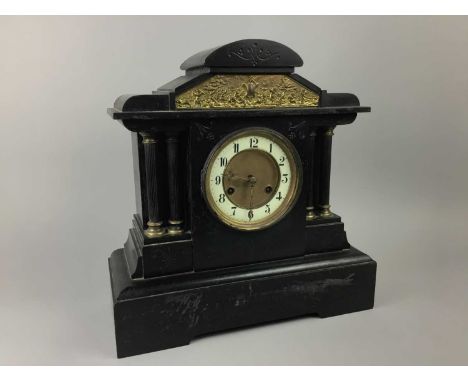 LATE VICTORIAN BLACK SLATE MANTEL CLOCK,with gilt and white enamel dial, 39cm wide