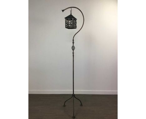 WROUGHT IRON FLOOR STANDING LAMP,with birdcage shaped lantern light, 178cm high
