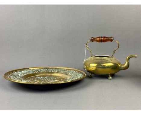 VICTORIAN BRASS TEA KETTLE,along with a shell case vase, an embossed brass tray, toasting fork and a brass jelly pan