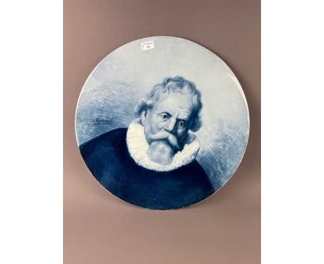 DELFT BLUE &amp; WHITE CERAMIC CHARGER,depicting Rembrandt, 55.5cm diameterCondition report: Additional images have been uplo