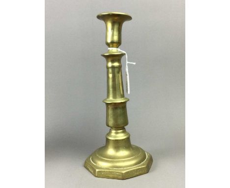 BRASS CANDLESTICK,30cm high, along with two oil lamps, plated comports, a tea service and cutlery