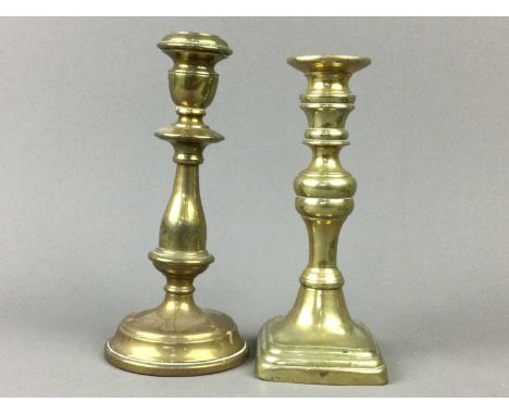 BRASS CANDLESTICKS,along with other brass including a caddy and a crumb brush