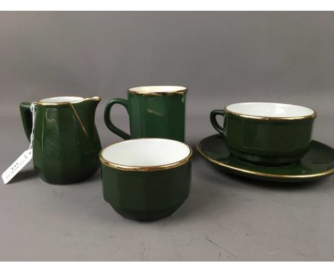 GREEN AND GILDED TEA SERVICE, along with two crystal decanters and a silver plated oval tray