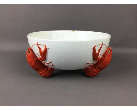 CARLTON WARE 'LOBSTER' SERVING BOWL,along with a Poole preserve jar, a Moore bowl, a figure and two tureens (6)