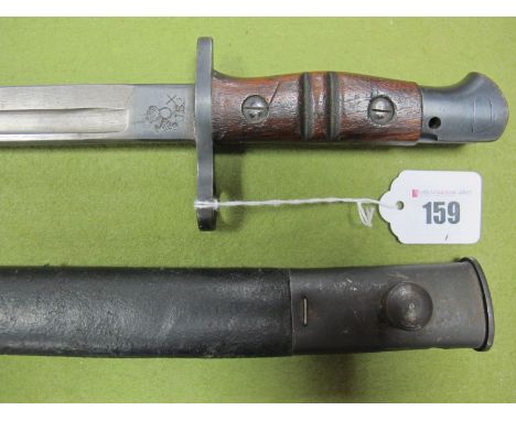 WWI USA Remington 1917 Sword Bayonet, wooden grips with two grooves, black leather scabbard. 