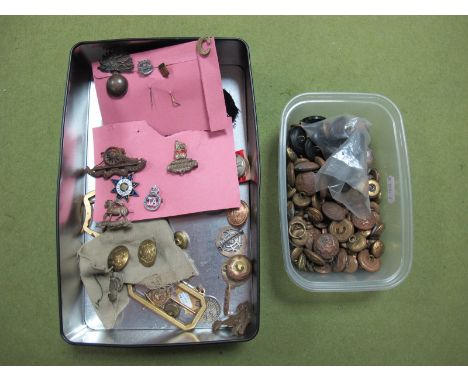 Tin Box with a Varied Amount of Lapel Badges, enamel badges, some military cap badges and brass buttons. 