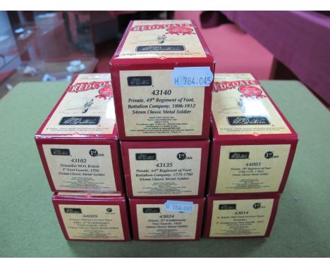 Seven Boxed W. Britain Model Figures, History of the British Army, Redcoats, #44003 Private, 29th Regiment of Foot, #43135 Pr