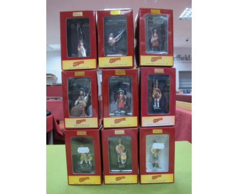 Nine Window Boxed W. Britain Model Figures,  Redcoats, #44041 Private, 24th Foot, #44030 Grenadier Officer, 1st Foot Guards, 
