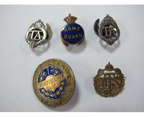 A WWII Bradford Home Guard Efficiency Badge, two TA badges, a Home Guard enamel badge and an ATS badge. 
