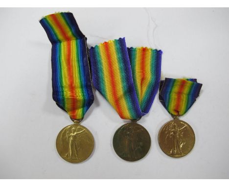 George V WWI Three Victory Medals, to: 466307 Sapper T.R.Bell Royal Engineers; 023834 Private H.W.Caddy Army Ordnance Corps; 