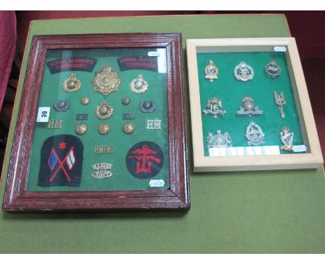 Two Framed Military Cap Badge, Button and Cloth Patch Collections, including Royal Marines, Irish Rangers, S.A.S, Lancashire 