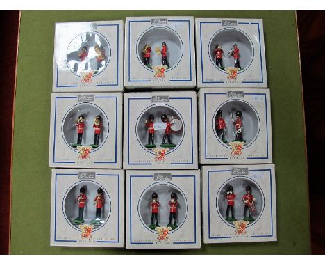 Seven Window Boxed W. Britain Coldstream Guards Band Model Figures, #8306 Saxophone and Clarinet, #8307 Fife and Side Drum, #