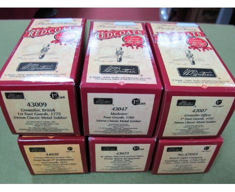 Six Boxed W. Britain Redcoat's Model Figures, (54mm Classic Metal Soldiers), #43007 Grenadier Officer 1st Foot Guards 1755, #