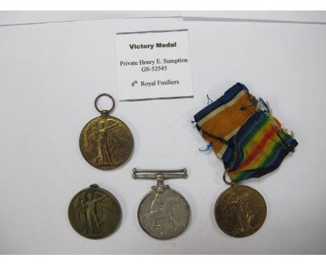 George V WWI Three Victory Medals, to: 500215 Private G.W. Puddick Royal Army Medical Corps, J-22732 R. Slater A.B.Royal Navy