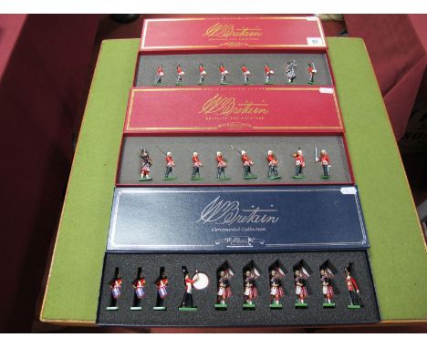 Three Sets of W. Britain Model Figures, #00092 Pipes and Drums of the Scots Guards, #00126 Royal Scots Marching, #00127 The H
