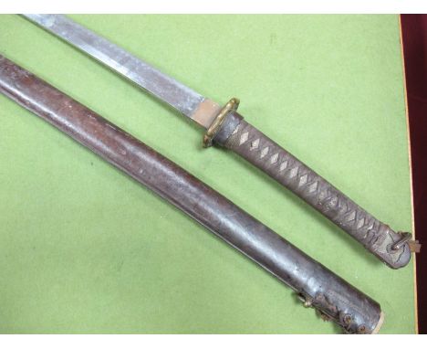 WWII Era Japanese Katana, 68cm long blade, cord covered fish skin grip, with decorated Pommel and cord, complete with leather