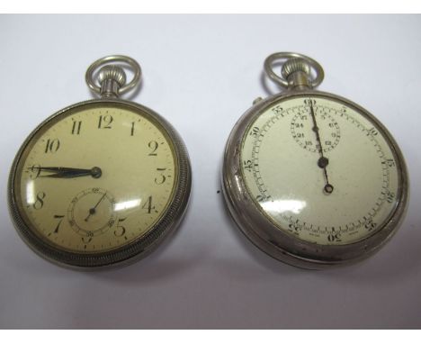 A British Military Fob Watch, white metal stamped GS/TP 064456 with war department arrow and a stop watch with large war depa