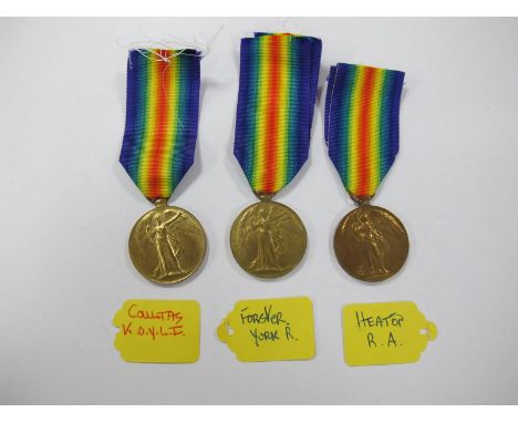 George V WWI Three Victory Medals, to: L-5362 Gunner H. Henderson Royal Artillery, 45838 Private H. Foster Yorkshire Regiment