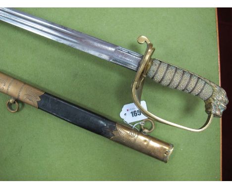 Late Victorian Naval Officers Sword by Walton of Gosport, double edged blade, twin fullered gilt wilt, folding guard, block l
