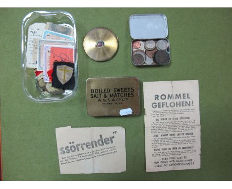 A Quantity of Mainly WWII Period Military and Associated Items, including cloth badges, German surrender flyers, currency, ra