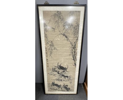 A Chinese framed antique hand painted scroll with silk mount, size 60cm x 144cm.