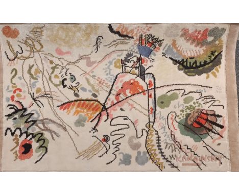 A Carpet Weavers Association mixed silk wall rug after Kandinsky, 92 x 64cm.