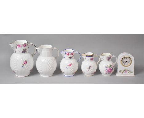 A Collection of Five Coalport Mask Head Jugs, The Tallest 20cms, Together with an Aynsley Clock 