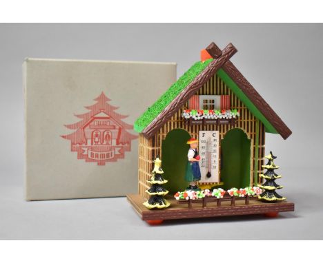 A Modern Wooden Weather Indicator/Thermometer in the Form of Figures in Chalet, Original Cardboard box 