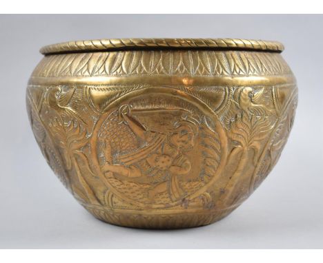 A Hand Beaten Brass Planter with Repousse Work Decoration Depicting Hindu Gods, 29cm Diameter 