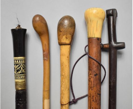 A Collection of Five Vintage Canes to Include Indian Sword Stick, African Hardwood Example etc 