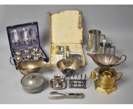 A Collection of Various Metalwares to comprise Pewter Lidded Pot, Silver Plated Bed Chamber Stick, Brass Bed Chamber Stick Et