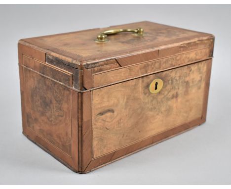A 19th Century Crossbanded Walnut Three Division Tea Caddy with Brass Escutcheon and Handle, Some Veneer Losses and In Need o