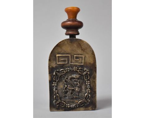 An Oriental Stained Copper Flask Decorated with Applied Dragon Surrounded by Filigree Moth and Floral Border Surmounted by Gr