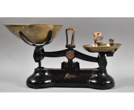 A Set of Librasco Black Painted Kitchen Scales with Brass Pans and Weights 