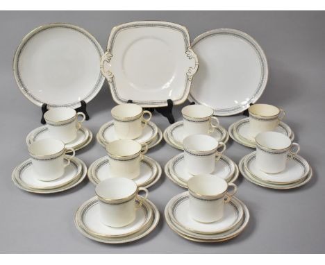 A Grimwades White Gilt and Greek Key Tea Set to comprise Two Plates, Cake Plate, Eleven Saucers, Side Plates and Ten Saucers,