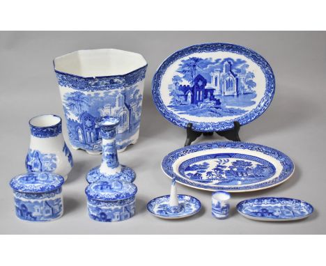 A Collection of Various Blue and White Abbey Pattern China to comprise Large Octagonal Planter, 20cms High, With Chip and Hai