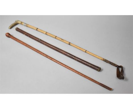 A Vintage Leather Covered Swagger Stick, Riding Whip and a Bamboo Crop 