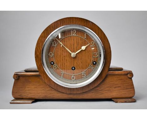 An Art Deco Oak Westminster Chime Mantle Clock on Plinth Base, with Key and Pendulum, 32cm wide 