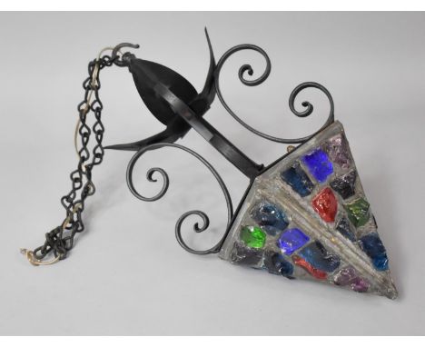 A Modern Wrought Iron and Coloured Glass Ceiling Hall Lantern Light Fitting, 40cm high 