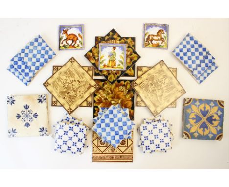 A collection of ceramic tiles to include four Minton tiles in a pagoda design, ten French Felix Vincent faience tiles in a ha