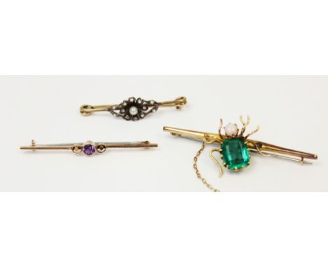 A Victorian and later diamond and pearl set floral bar brooch, designed as a flower with a cultured pearl to the centre and s