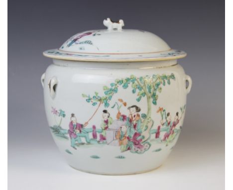 A Chinese faille rose jar and cover, Republic Period (20th century), of barrel form with hoop lugs and decorated with figures