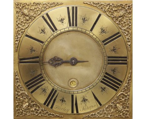 A mid 18th century oak cased thirty hour longcase clock signed 'Harley, Salop', the 28cm square brass dial with central date 