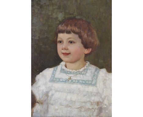 English school (20th century), Portrait of a young girl with short hair and white dress, Oil on canvas, Indistinctly signed l