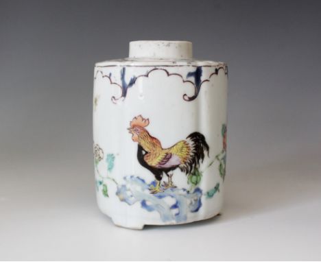 A Chinese cockerel porcelain tea caddy, Yongzheng (1723-1725), the circular shaped caddy with lobed body decorated in Doucai 