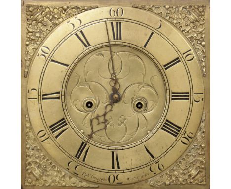 A mid 18th century oak cased eight day longcase clock, signed 'Rob Hampton, Warrington', the 32cm square brass dial with make