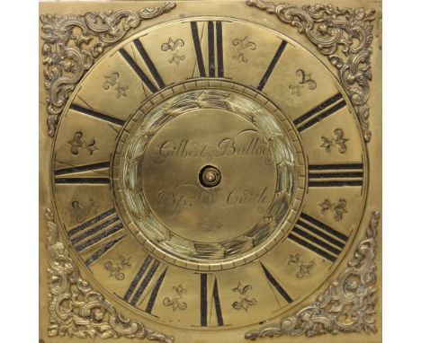 A mid 18th century oak cased thirty hour longcase clock signed 'Gilbert Bullock, Bishops Castle' the 25cm square brass dial l