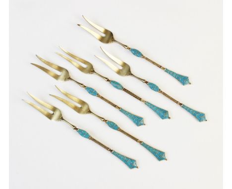 A set of six Danish silver gilt blue enamel pickle forks by Marius Hammer, each 10.9cm long, gross weight 1.56oztCondition Re