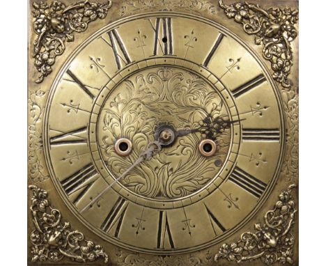 A mid 18th oak cased eight day longcase clock, the 28cm square brass dial unsigned with two train movement, within a plain oa